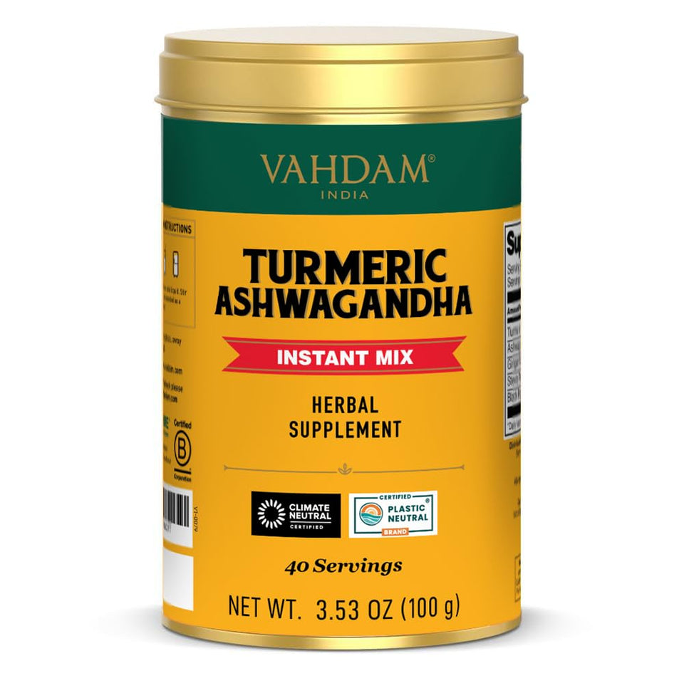 VAHDAM Turmeric Ashwagandha blend packaging showing premium ingredients for daily use
