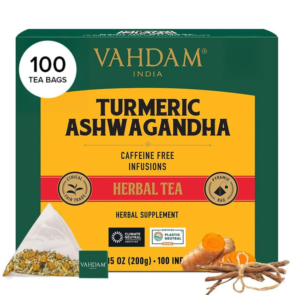 VAHDAM turmeric-ashwagandha-tea-bags offer a soothing, caffeine-free afternoon ritual