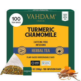 VAHDAM turmeric chamomile tea bags pyramid infuser delivering rich aroma for cozy evenings