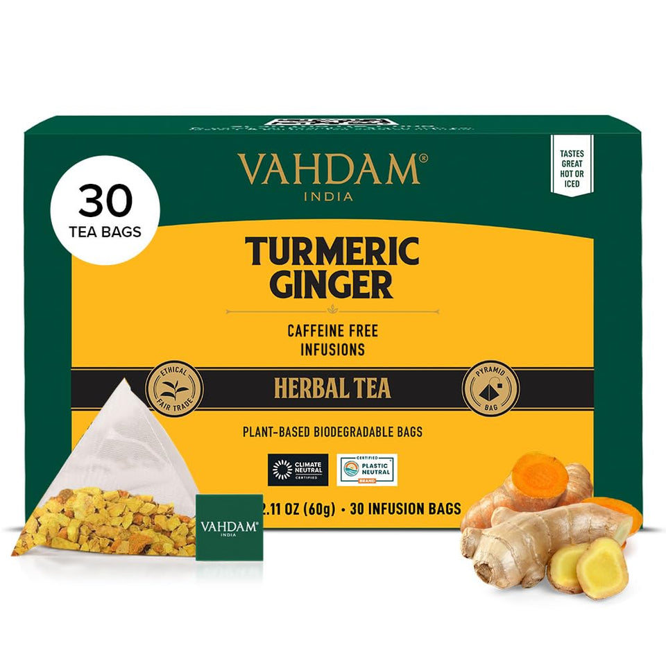 VAHDAM turmeric-ginger herbal tea bags packshot highlighting convenient pyramid bags for rich flavor