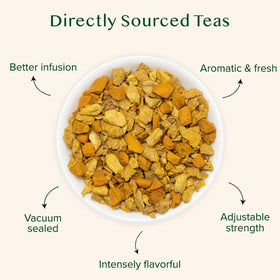 VAHDAM turmeric ginger herbal tea steaming cup ready for a comforting moment