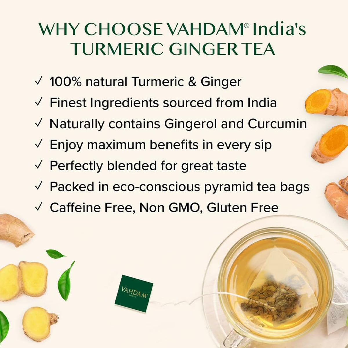 VAHDAM turmeric-ginger tea bags brew releasing aroma as leaves unfurl for rich flavor