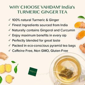 VAHDAM turmeric-ginger tea bags brew releasing aroma as leaves unfurl for rich flavor