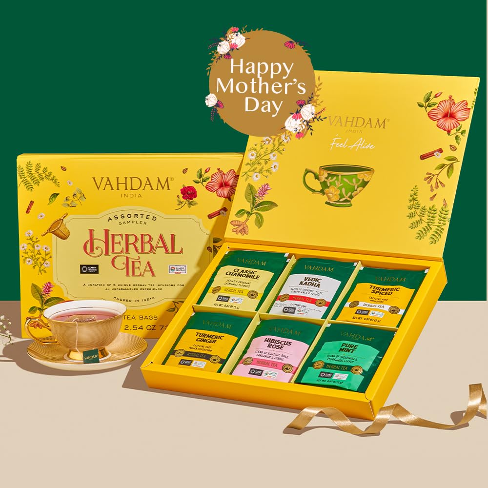 VAHDAM turmeric-ginger tea bags awaken the senses with spicy, uplifting notes.