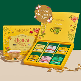 VAHDAM turmeric-ginger tea bags awaken the senses with spicy, uplifting notes.