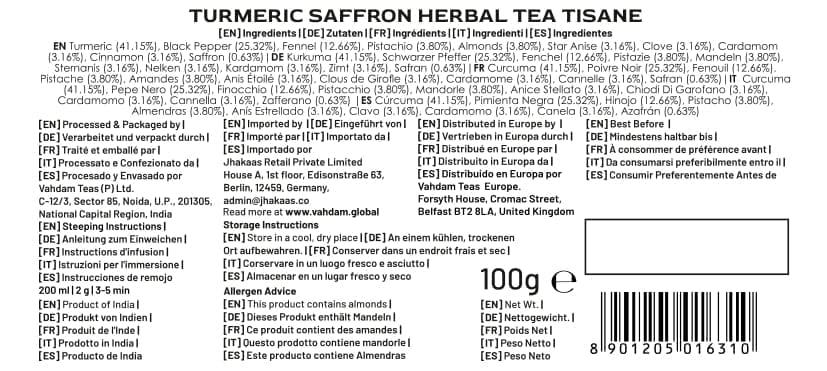 VAHDAM Turmeric Saffron Herbal Tea cup with aromatic steam
