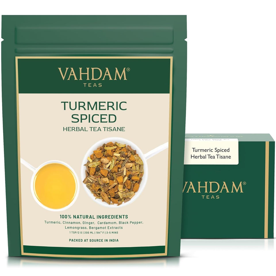 VAHDAM turmeric-spice-herbal-tea-loose-leaf fragrance and caffeine-free versatility