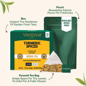 VAHDAM Turmeric Spice Tea Bags ginger chunks delivering warming aroma