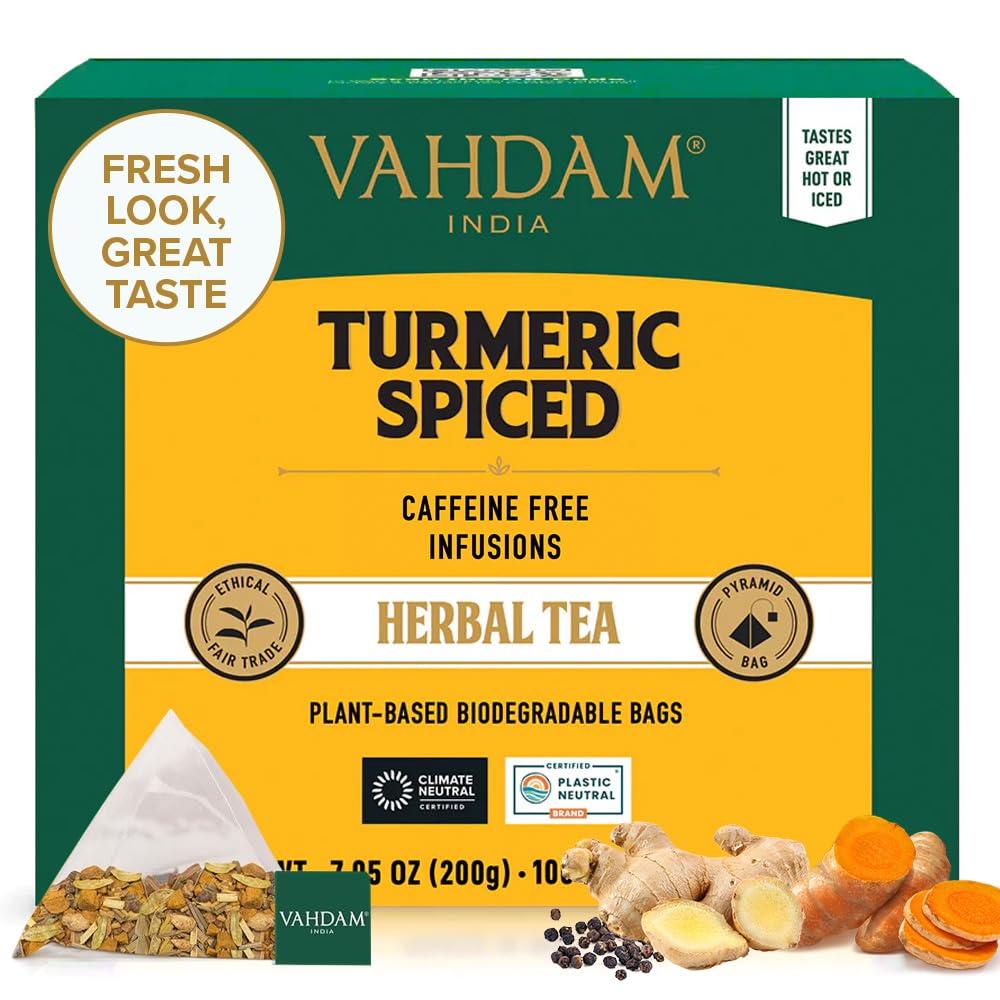 VAHDAM Turmeric Spice Tea Bags packaging variation showing eco-conscious design and consistent flavor