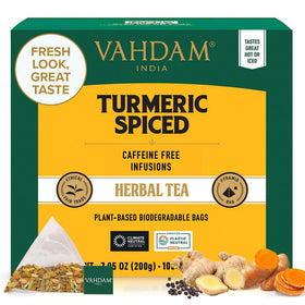 VAHDAM Turmeric Spice Tea Bags packaging variation showing eco-conscious design and consistent flavor