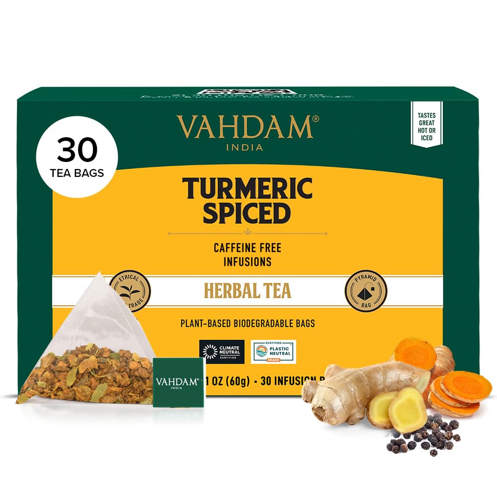 VAHDAM turmeric spice tea bags ready to brew a savory, caffeine-free cup.