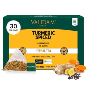 VAHDAM turmeric spice tea bags ready to brew a savory, caffeine-free cup.