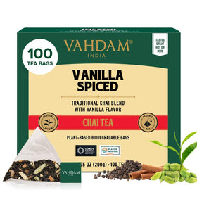 VAHDAM Vanilla Spiced Chai tea bags arranged in pyramid setup for a rich brew