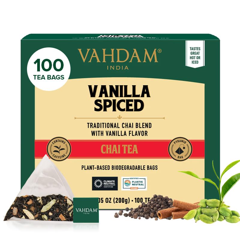 VAHDAM Vanilla Spiced Chai tea bags arranged in pyramid setup for a rich brew