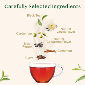Closeup of VAHDAM Vanilla Spiced Chai tea pouch highlighting premium ingredients
