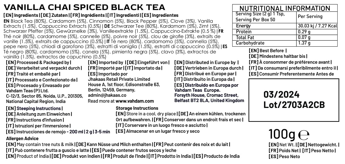 VAHDAM ingredients card showing vanilla, cardamom, and spices.