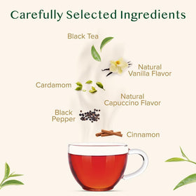 VAHDAM Vanilla Spiced Masala Chai packaging highlighting fresh garden aromas.
