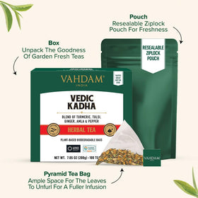 Cup of VAHDAM Kadha brewed tea with earthy aroma.