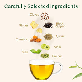 Close-up of VAHDAM Kadha ingredients including turmeric, tulsi, and ginger aroma.