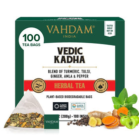VAHDAM Vedic Kadha tea bags packaging with resealable pouch for freshness.