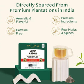 VAHDAM Kadha pyramid tea bags unfurling to release full savory flavor.