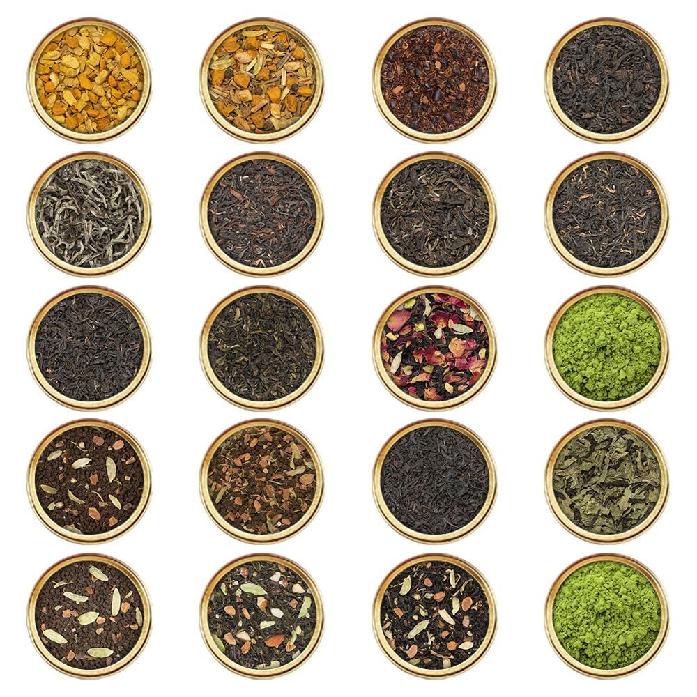VAHDAM World Top 20 Favourites Tea Sampler packaging highlighting premium variety for gifting
