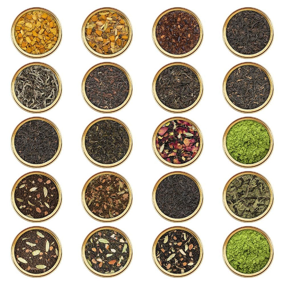 VAHDAM World Top 20 Favourites Tea Sampler packaging highlighting premium variety for gifting
