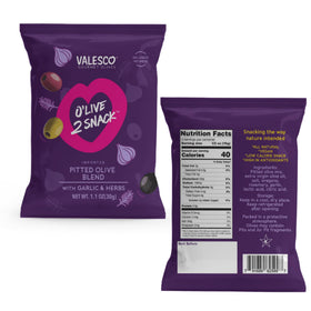 Valesco O'Live 2 Snack Pouches pair with cheese on a charcuterie board.