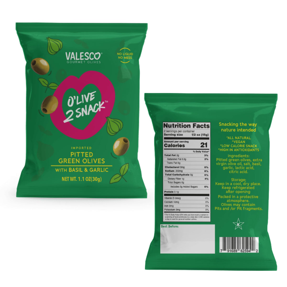 Valesco O'Live 2 Chili Pepper green olives pouch for zesty snacking.