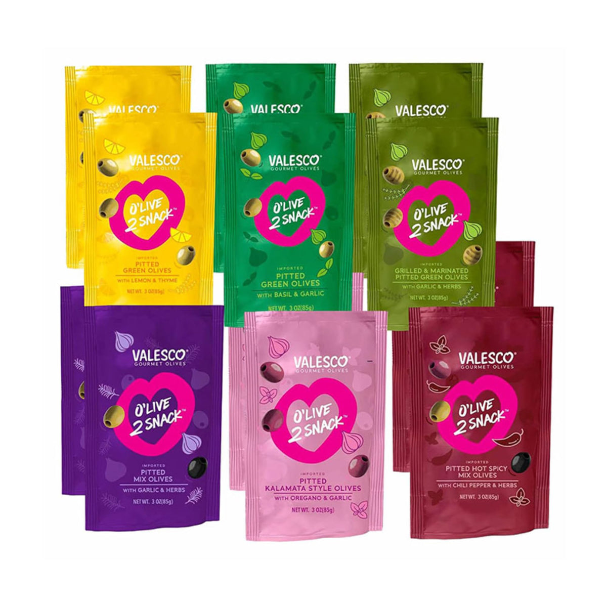 Valesco O'Live 2 Garlic Herbs green olives in pouch for versatile salads.
