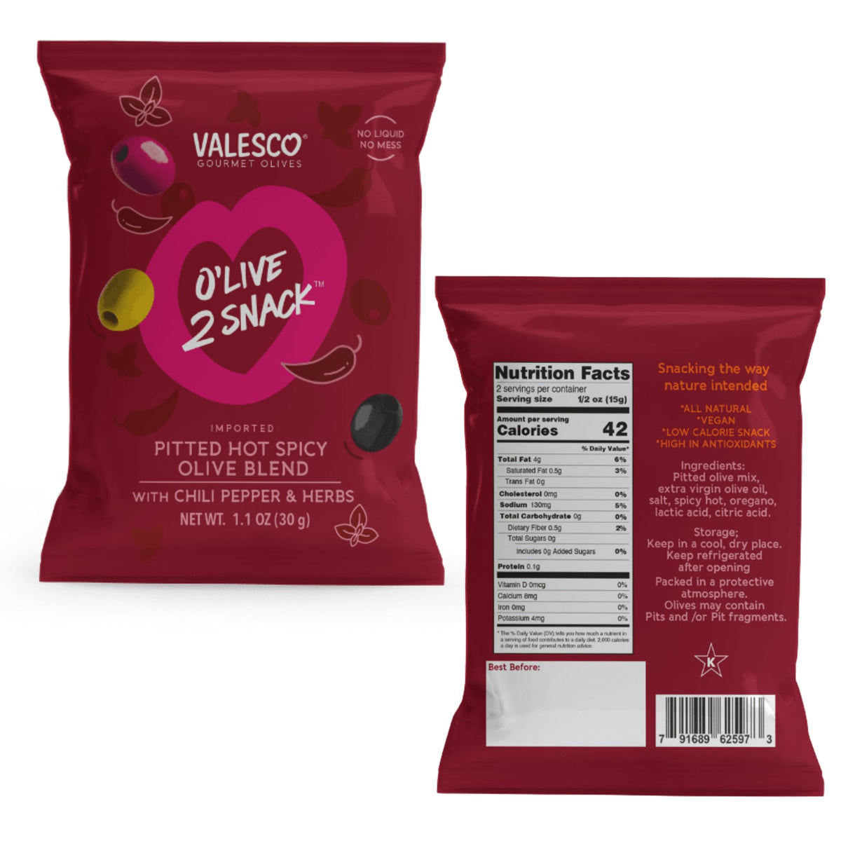 Valesco O'Live 2 Kalamata olives pouch for rich, bold flavor.