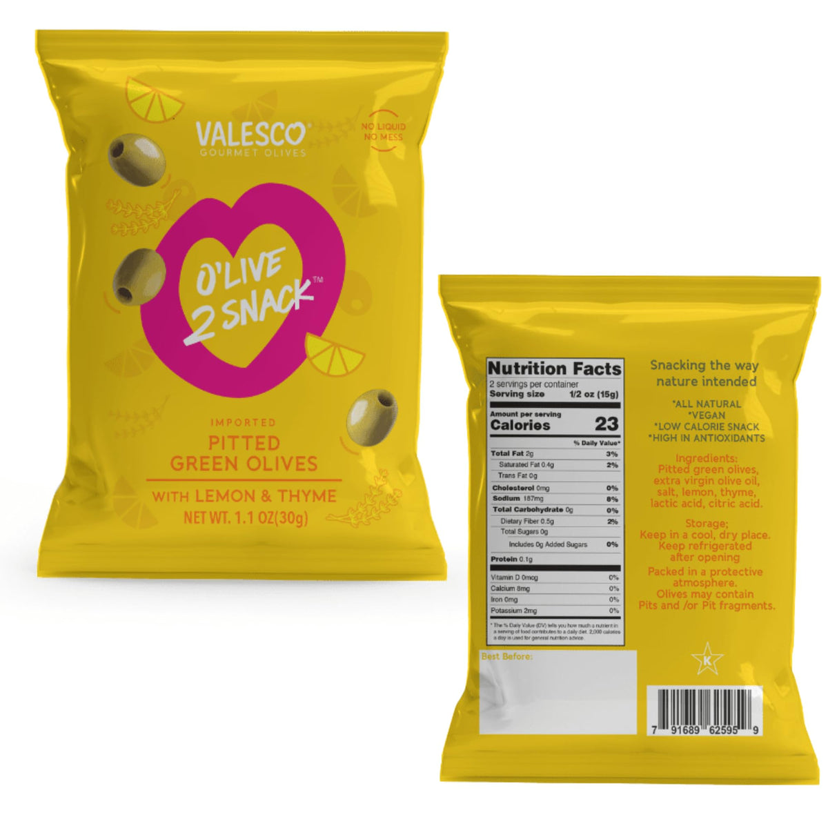 Valesco O'Live 2 mixed olive varieties pouch for balanced tastes.