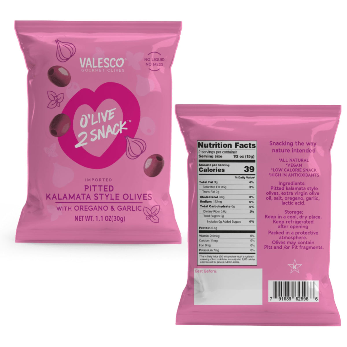 Valesco O'Live 2 Snack Pouches compact packaging for easy carry.
