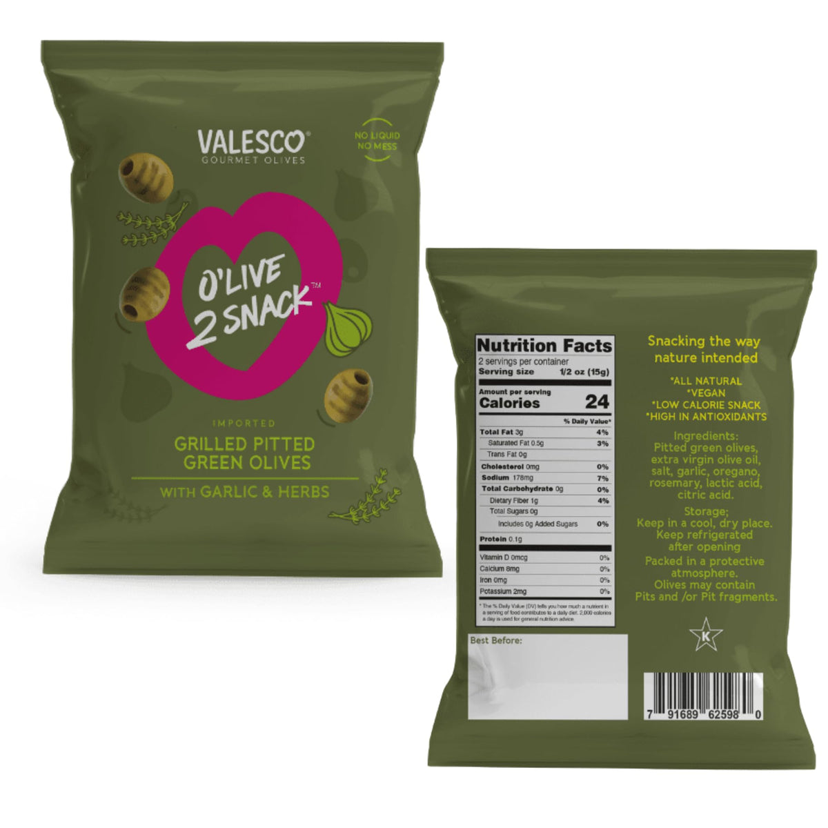 Valesco O'Live 2 Snack Pouches ready-to-eat portions for meals.