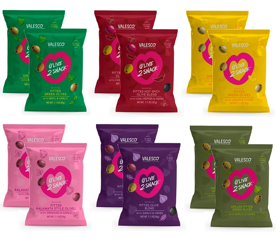 Valesco O'Live 2 Snack Pouches variety pack front view for quick, flavorful snacking.