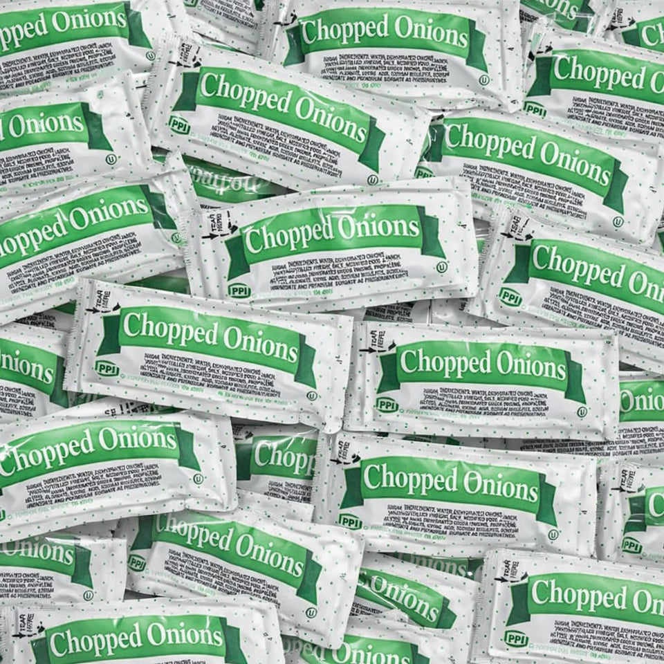 Vallary chopped onion packets ensure consistent hot dog toppings.