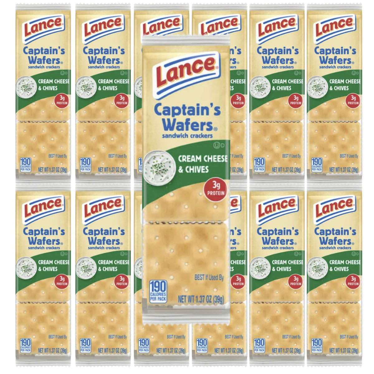 Vallary Lance Captain's Wafers Cream Cheese & Chives 20-pack box, individually wrapped for freshness.