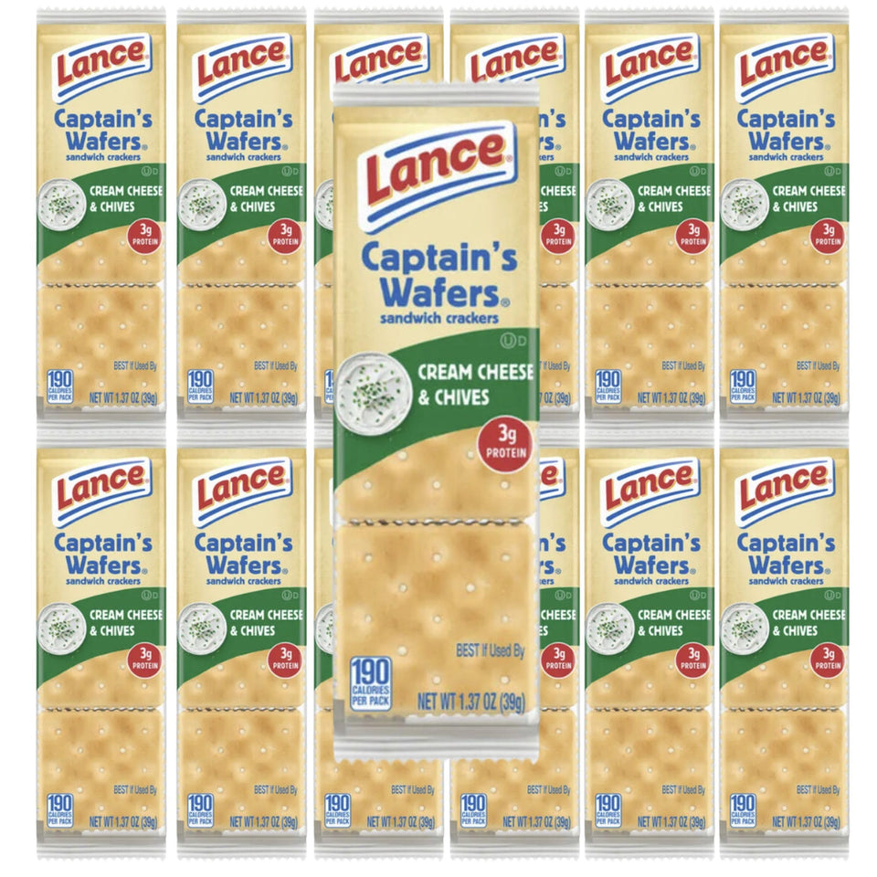 Vallary Lance Captain's Wafers Cream Cheese & Chives 20-pack box, individually wrapped for freshness.