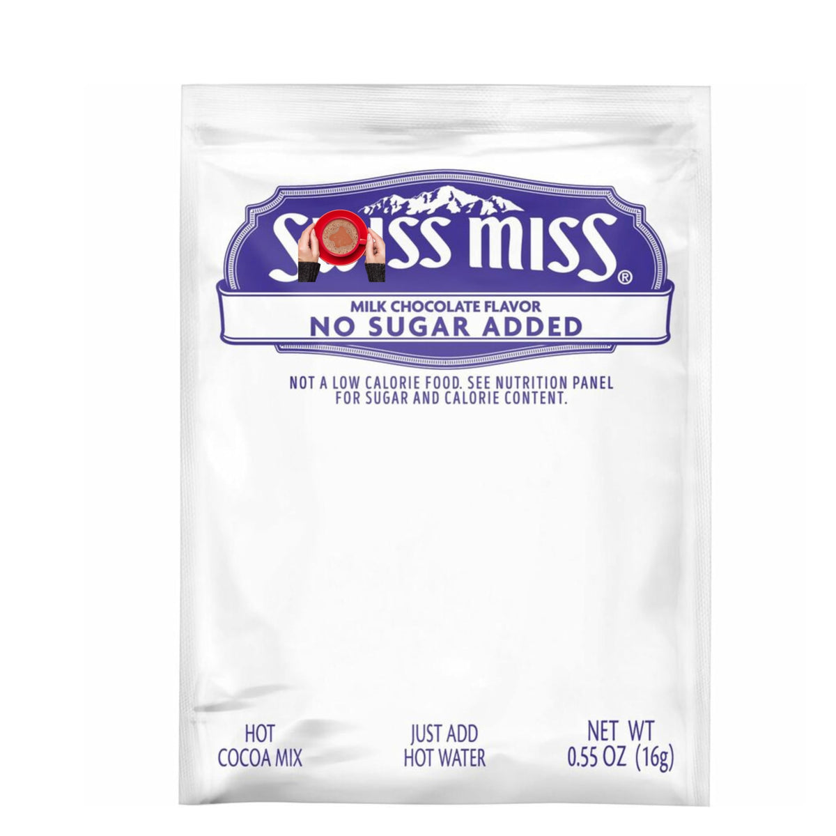 Close-up of Vallary Swiss Miss cocoa mix label for flavor without sugar.