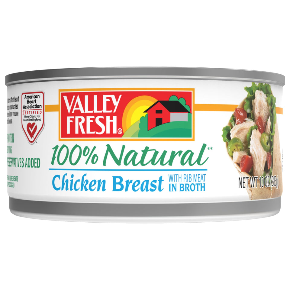 Valley Fresh chicken breast in water with rib meat; fully cooked and ready to eat.