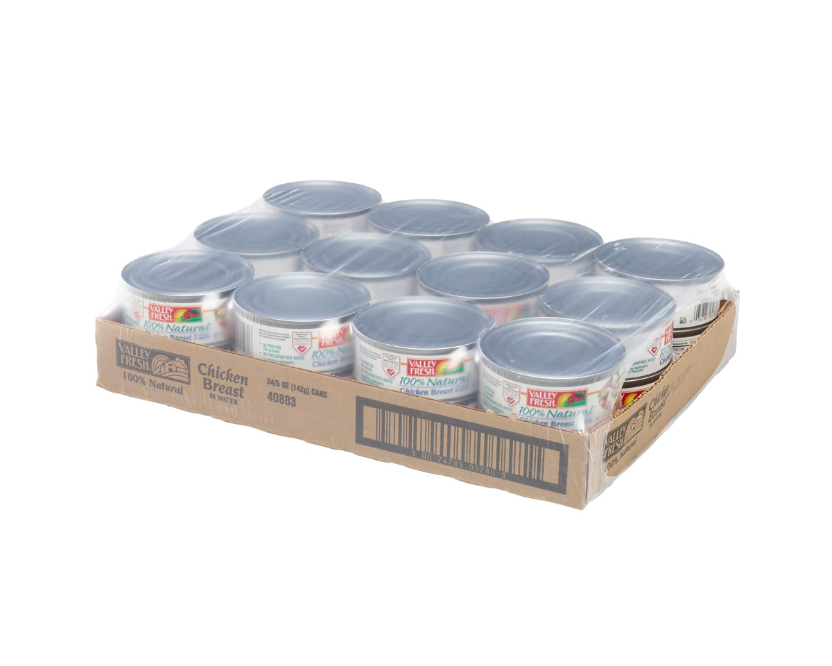 Valley Fresh chicken breast in water with rib meat; ready-to-eat can for quick meals.
