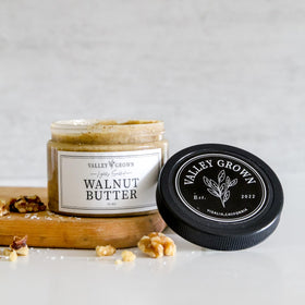 Valley Grown walnut butter two-pack on kitchen counter for quick prep.