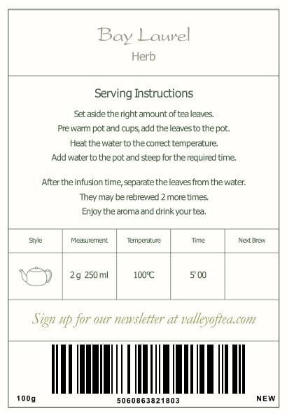 Valley of Tea Bay Leaf organic label – trusted organic quality for home cooking.