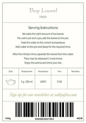 Valley of Tea Bay Leaf organic label – trusted organic quality for home cooking.