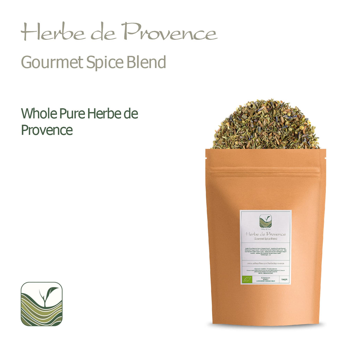 Valley of Tea Herbs de Province jar open spice, releasing aromatic scent ideal for marinades.