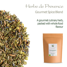 Valley of Tea Herbs de Province spice mix closeup, showing vibrant dried herbs ready to season seafood.