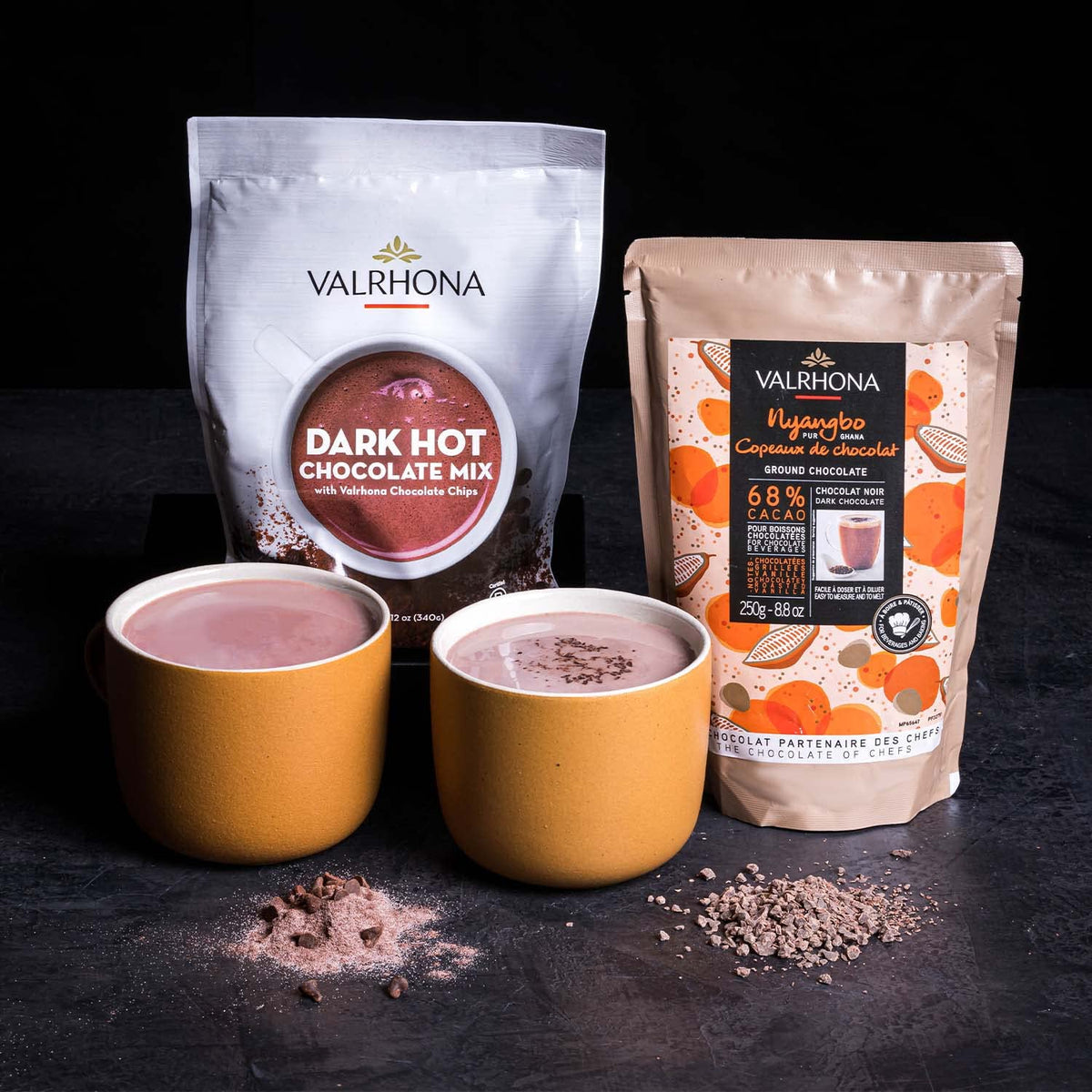 Real chocolate pieces visible in Valrhona mix for a luxe texture.