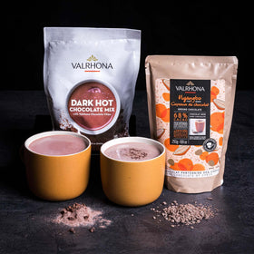 Real chocolate pieces visible in Valrhona mix for a luxe texture.