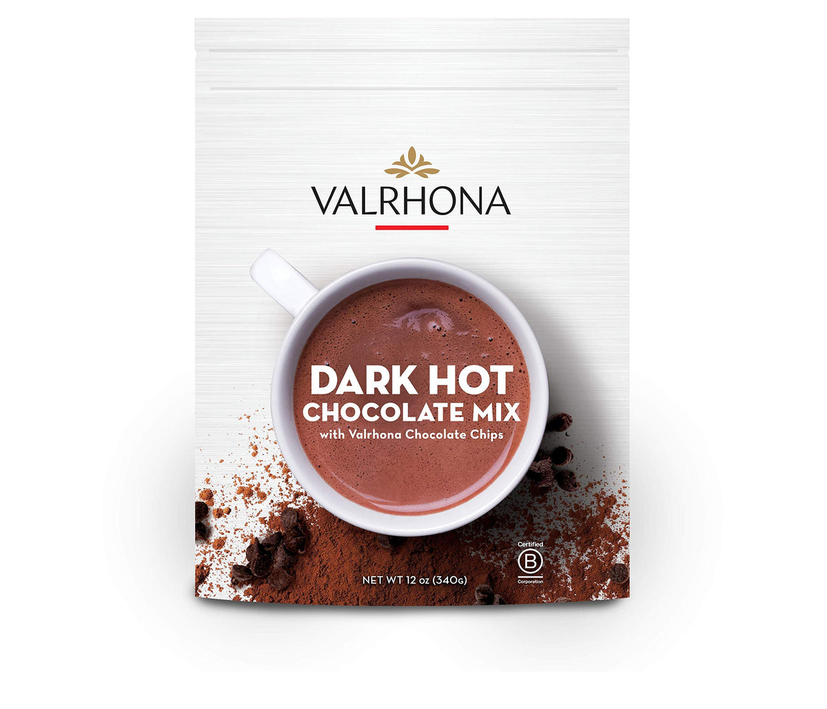 Valrhona dark hot chocolate mix packaging in a 12oz resealable pouch for easy storage.