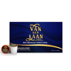 Six flavors display from Van Der Laan Chocolate for versatile hot cocoa choices.
